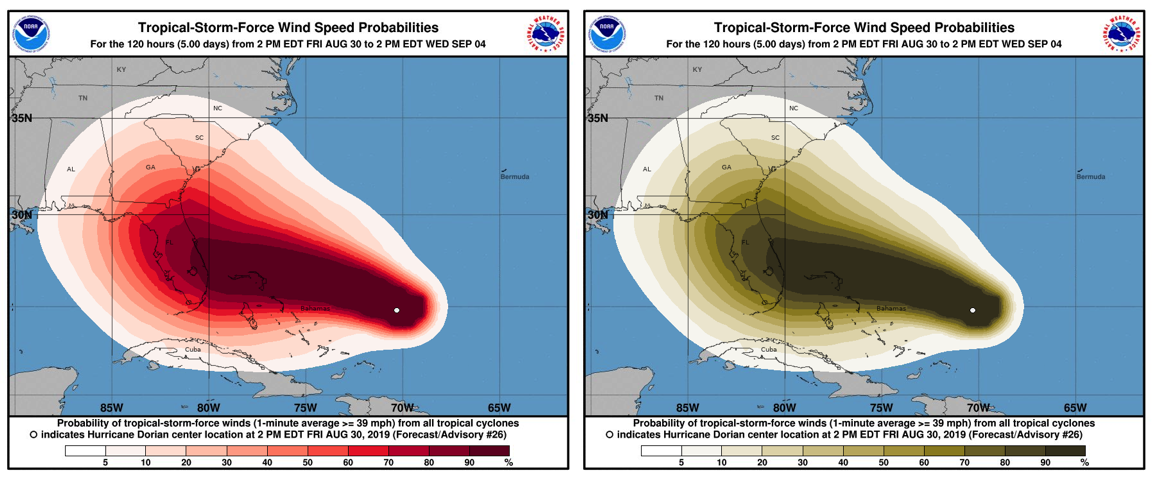 Probability of wind speeds $>$ 39 mph (63 km h$^{-1}$) during hurricane Dorian in 2019. On the left is the the original image (top row) and two reproductions using the `"Reds"` (middle) and `"YlGnBu"` (bottom) sequential palettes. On the right are emulations of how the images on the left might appear to a colorblind viewer.