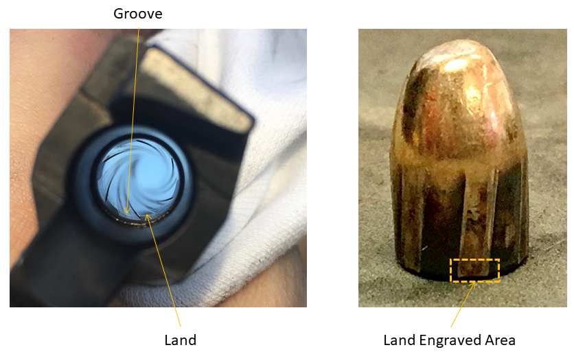 Photo of a traditionally rifled gun barrel (left) and a fired bullet (right).