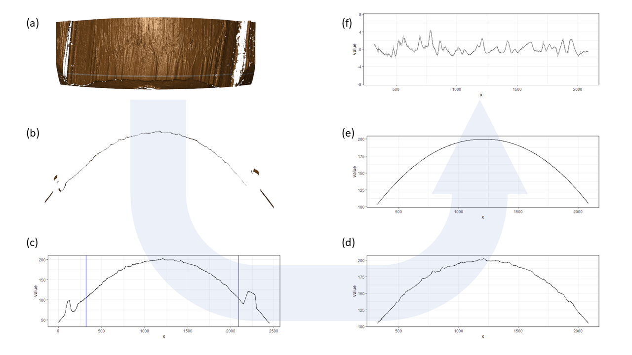 A framework of obtaining a bullet signature. (a) rendering from the 3D topographic scan of a land engraved area (LEA). The selected crosscut location is indicated by a thin white horizontal line. (b) view of the cross-section of the land engraved area at the white line in (a). (c) the crosscut data plotted in 2D; blue vertical lines indicate the position of the left and right grooves. (d) the crosscut data after chopping the left and right grooves. (e) the fitted curvature using LOESS. (f) after removing the curvature from the crosscut data, the bullet signature is obtained.