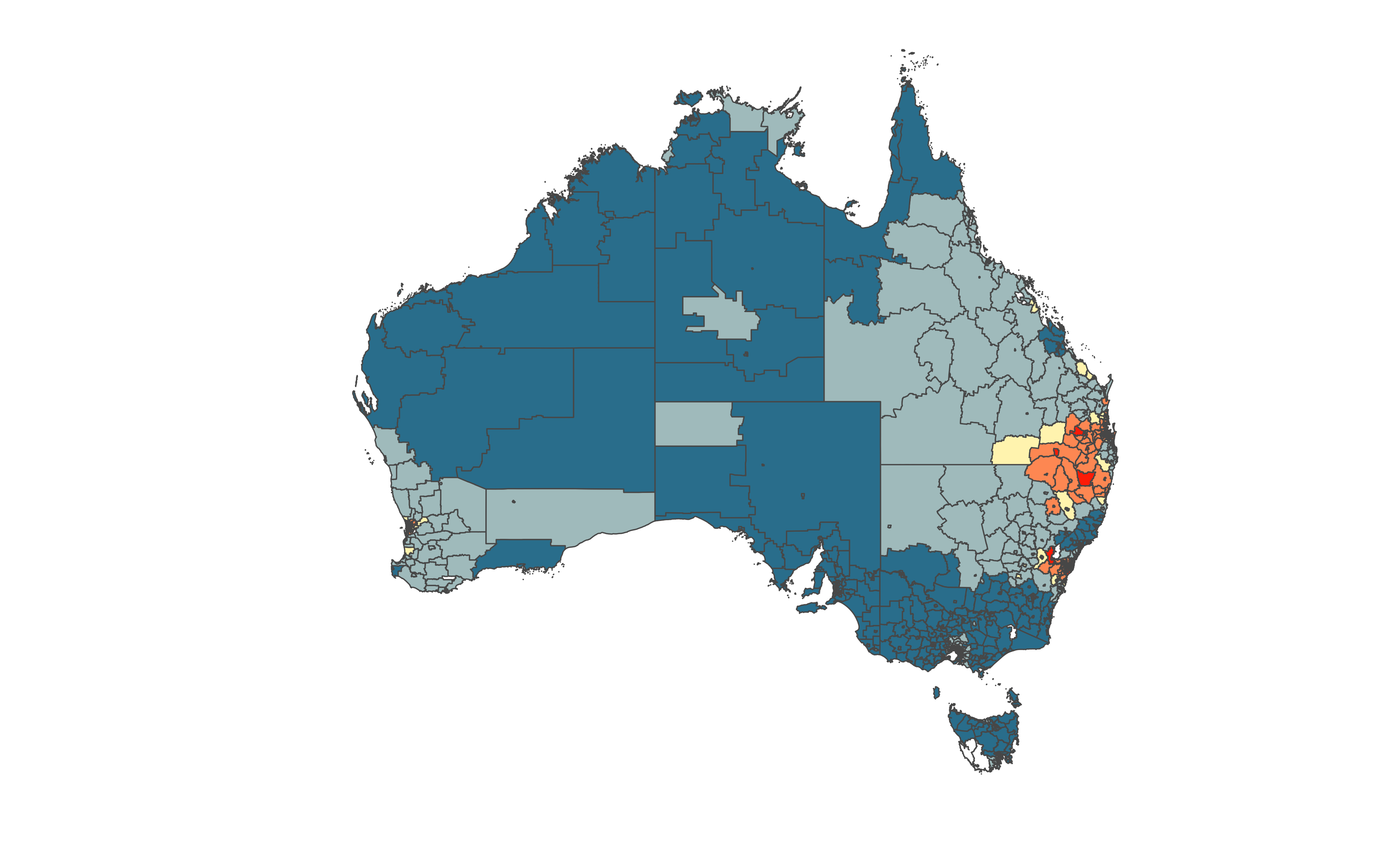 A choropleth map of thyroid incidence among females across the Statistical Areas of Australia at Level 2. Blue indicates lower than average and red indicates higher than average incidence. A cluster of high incidence is visible on the east coast.