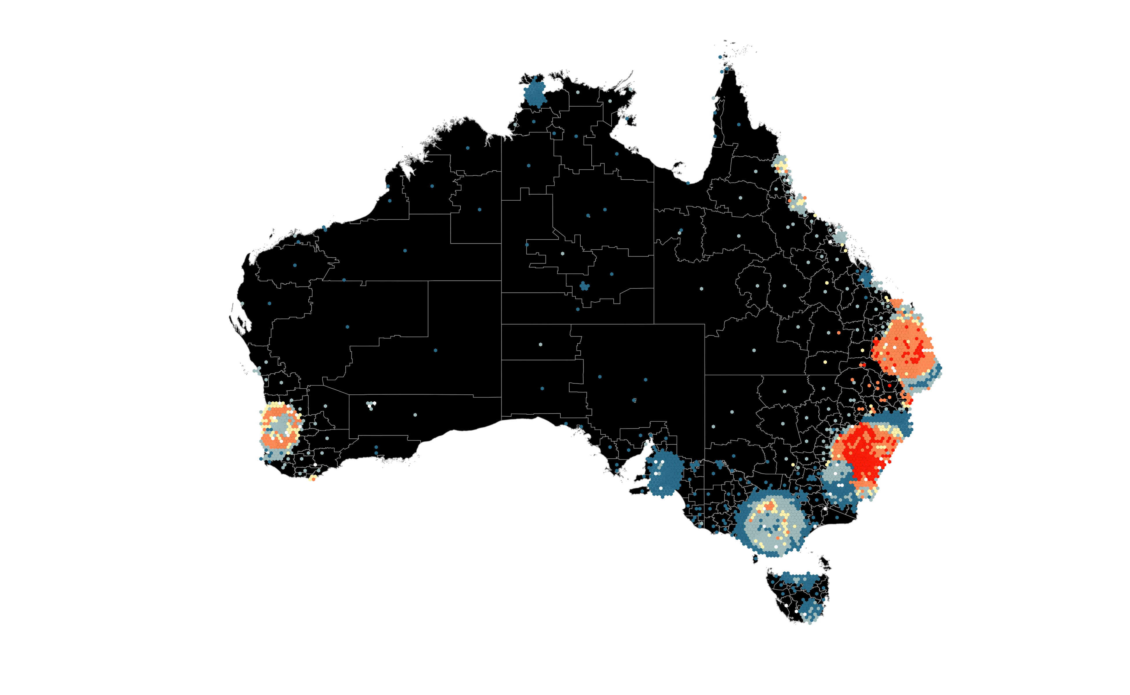 A hexagon tile map of female thyroid cancer incidence in Australia, the same data as shown in the choropleth map in Figure 1. The high incidence in several of the metropolitan regions (Brisbane, Sydney and Perth) can now be seen, along with numerous isolated spots.