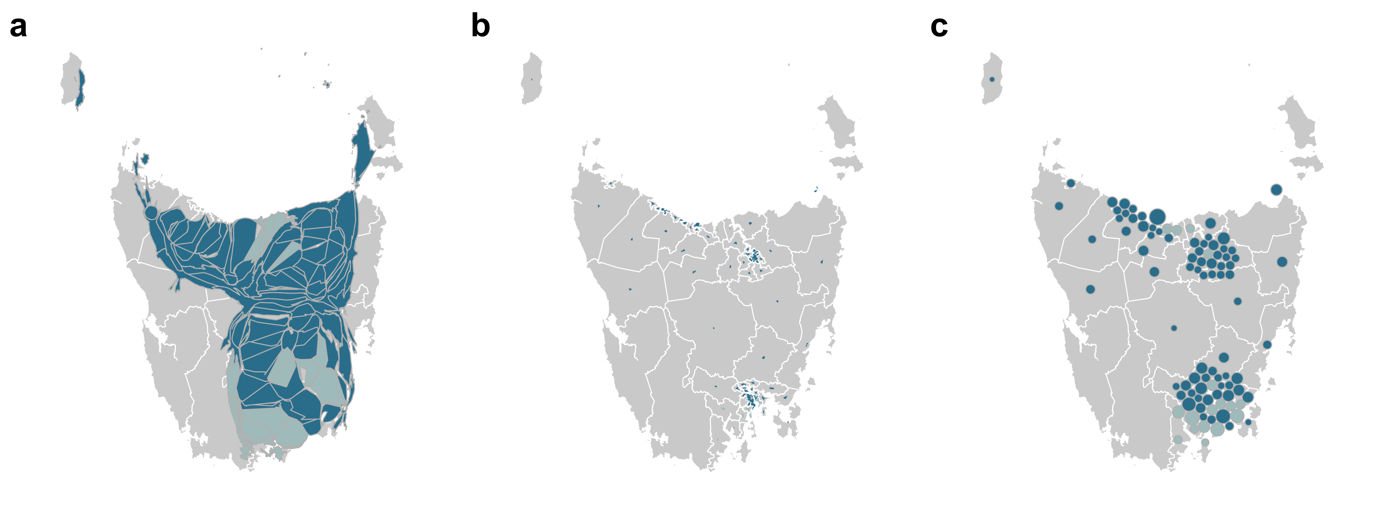 The three displays show alternative maps of the Australian state of Tasmania at SA2 level: (a) contiguous cartogram, (b) non-contiguous cartogram and (c) Dorling cartogram of Tasmania. The contiguous cartogram looks like the state has an hourglass figure, while the non-contiguous cartogram shrinks areas into invisibility. The Dorling expands the metropolitan regions.