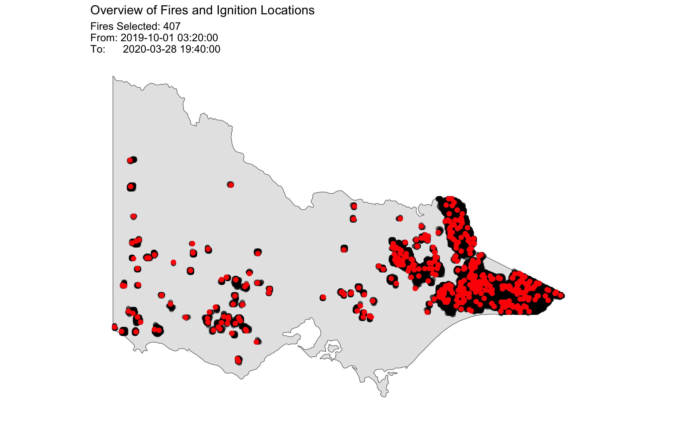  The distribution of hotspots (black) and bushfire ignitions (red) in Victoria during 2019-2020 Australian bushfire season. The spatial distribution of the ignition locations suggest that most of the fires were observed in the east of Victoria.