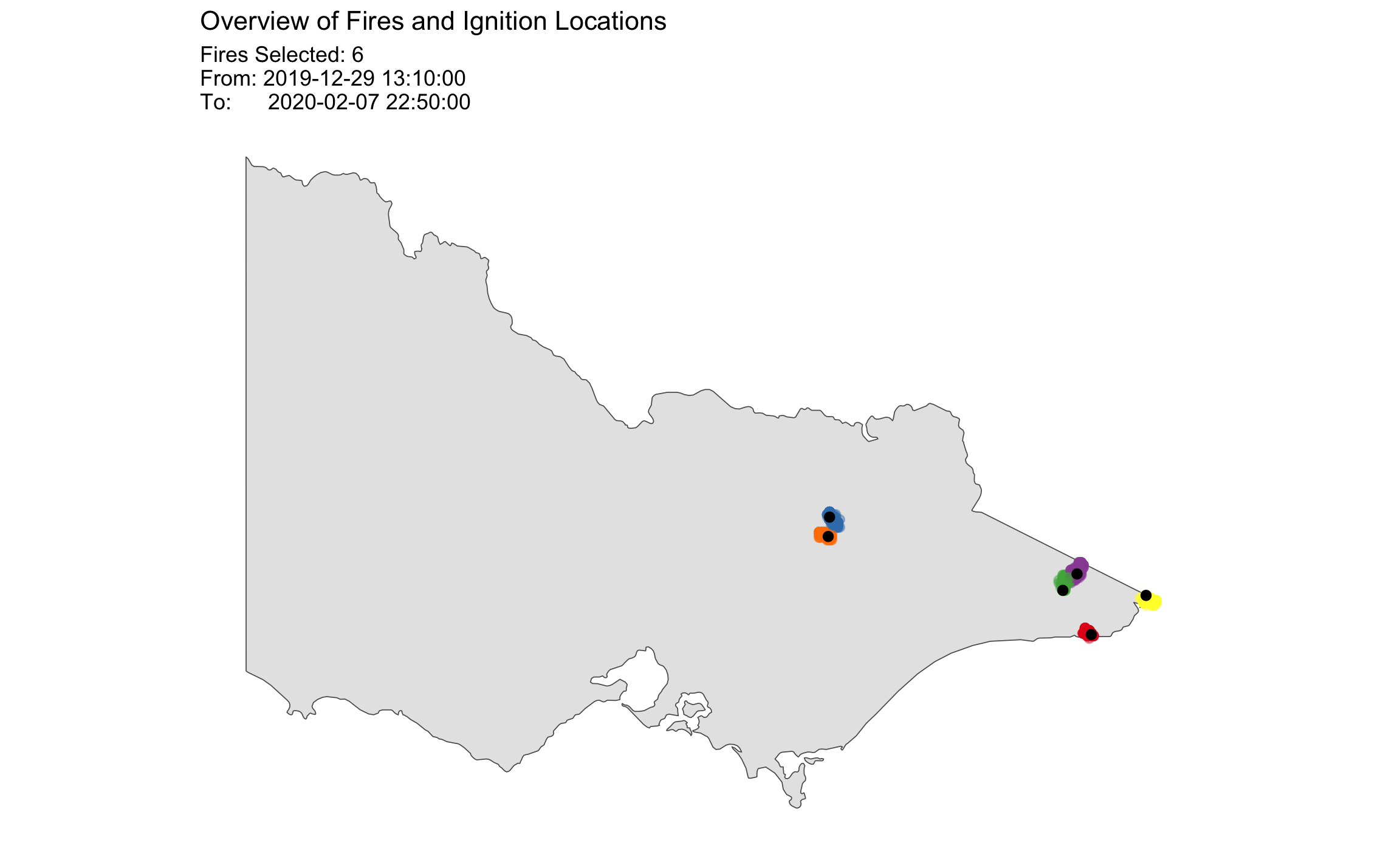 This is the default plot for visualizing the spatial distribution of clusters. In the results shown there are six clusters, which correspond to six fires, shown using different colors. The black dots indicate the ignition site for each fire.