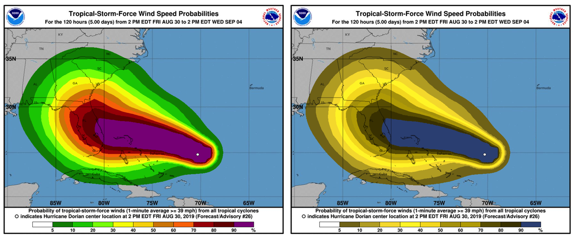 Probability of wind speeds $>$ 39 mph (63 km h$^{-1}$) during hurricane Dorian in 2019. On the left is the the original image (top row) and two reproductions using the `"Reds"` (middle) and `"YlGnBu"` (bottom) sequential palettes. On the right are emulations of how the images on the left might appear to a colorblind viewer.