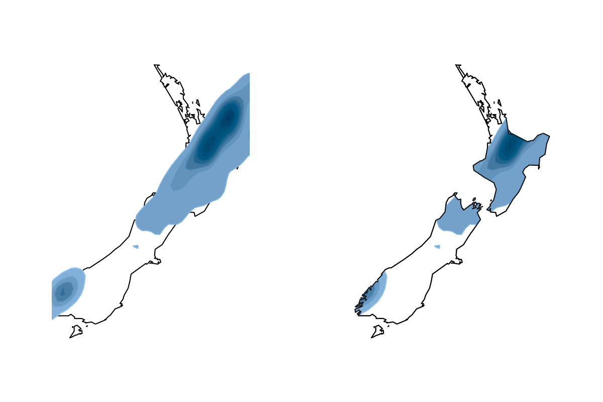 Two maps of New Zealand with contour regions overlaid.  On the left, the contour regions extend beyond the map boundaries.  On the right, the contour regions are clipped to the map boundaries.