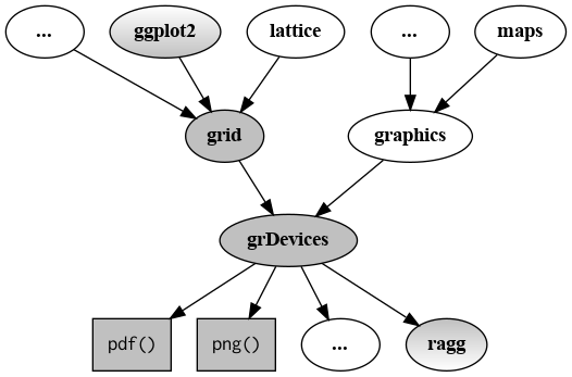 A node-and-edge graph: the ggplot2 node and the lattice node are connected to the grid node;  the maps node is connected to the graphics node;  the grid node and the graphics node are connected to the grDevices node;  the grDevices node is connected to the pdf node, the png node, and the ragg node.