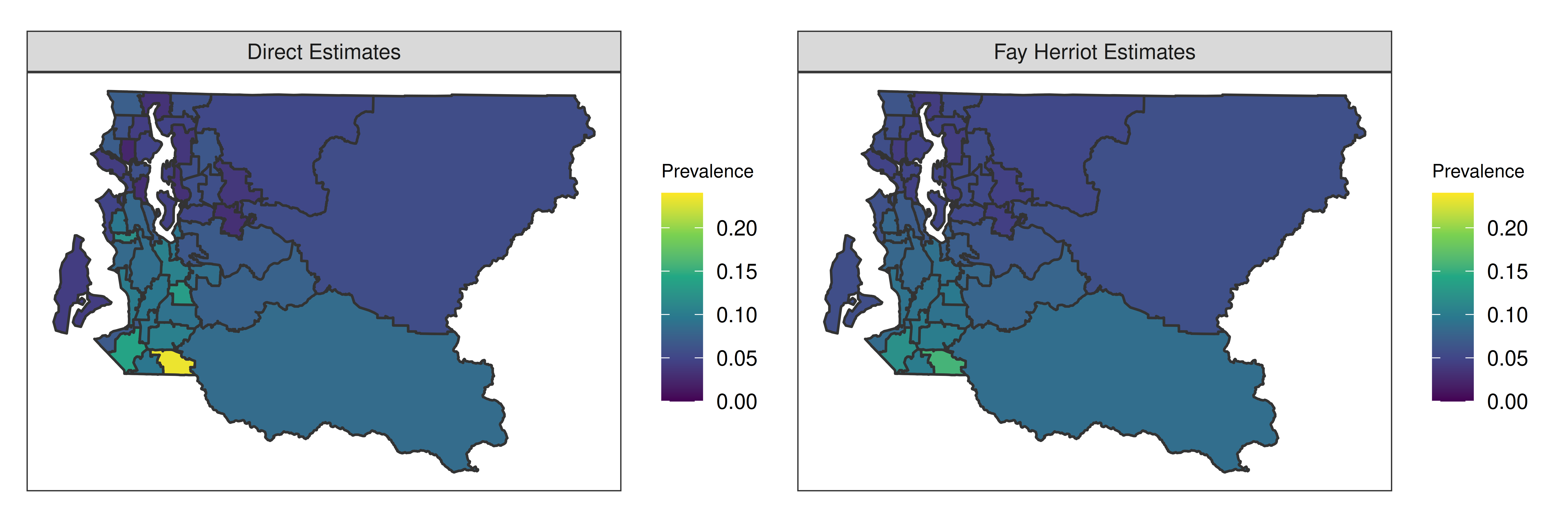 Direct and Fay-Herriot estimates of the prevalence of Type II diabetes in King county HRAs.