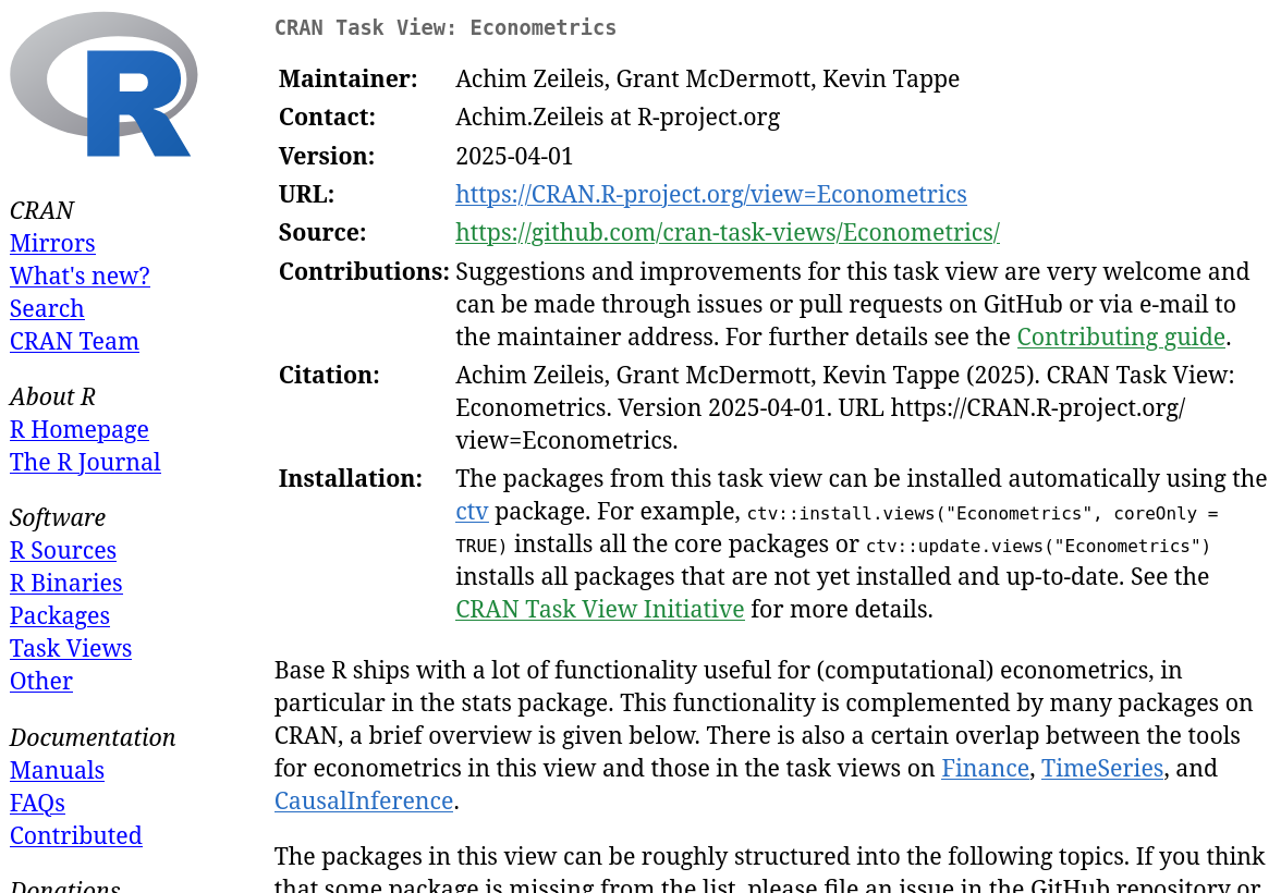 Screenshot of the header and introduction of the Econometrics task view, captured on 2025-04-01 at https://CRAN.R-project.org/view=Econometrics. The header displays the title (Econometrics), maintainers (Achim Zeileis, Grant McDermott, Kevin Tappe), contact e-mail address, version/date, URL, GitHub link, information for potential contributors, the recommended citation, and installation instructions. The introduction starts by outlining the scope and links to other related task views (Finance, TimeSeries, CausalInference).