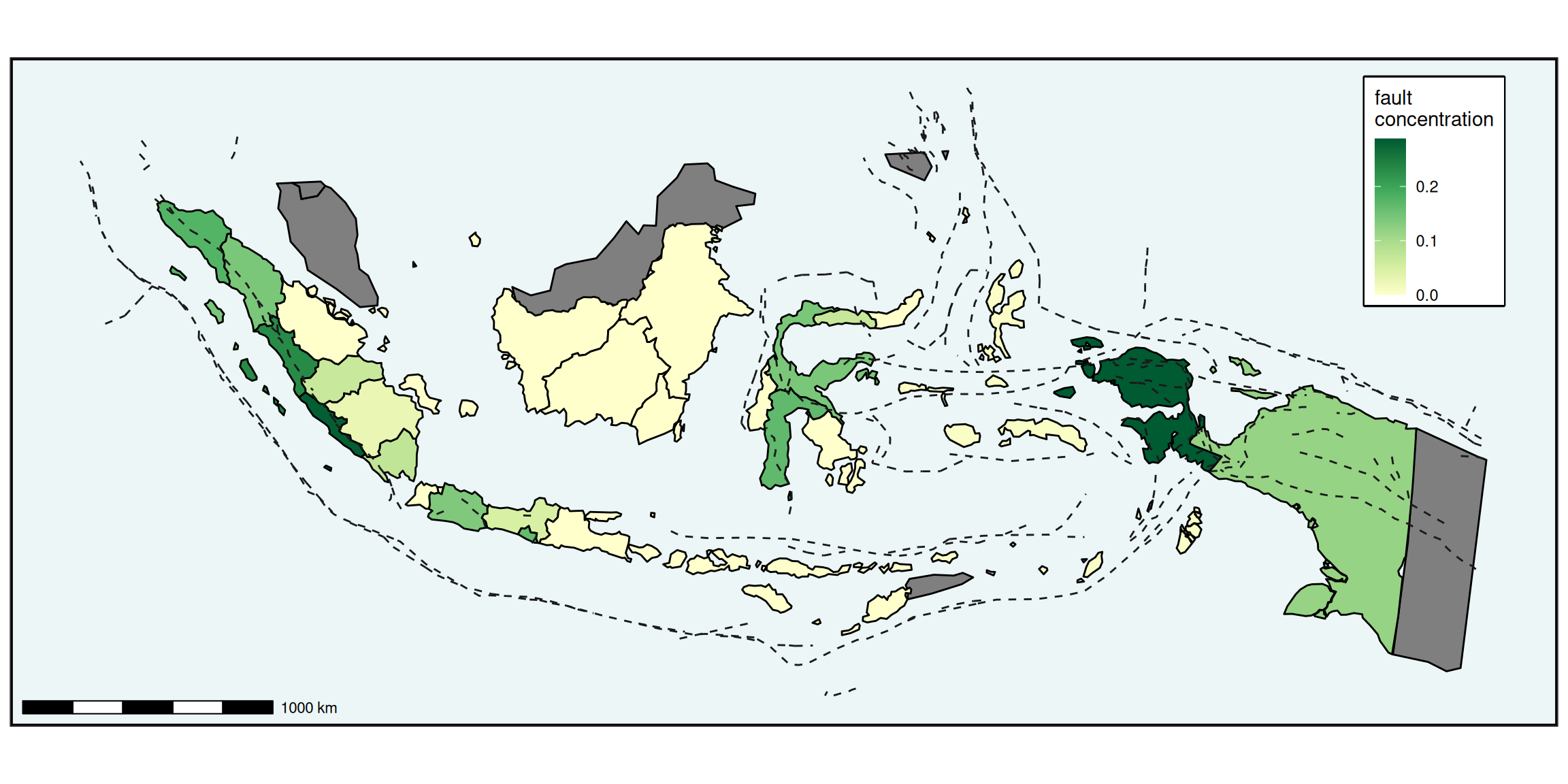 Indonesia fault concentration. Square kilometre of buffered fault per square kilometre of province area. 