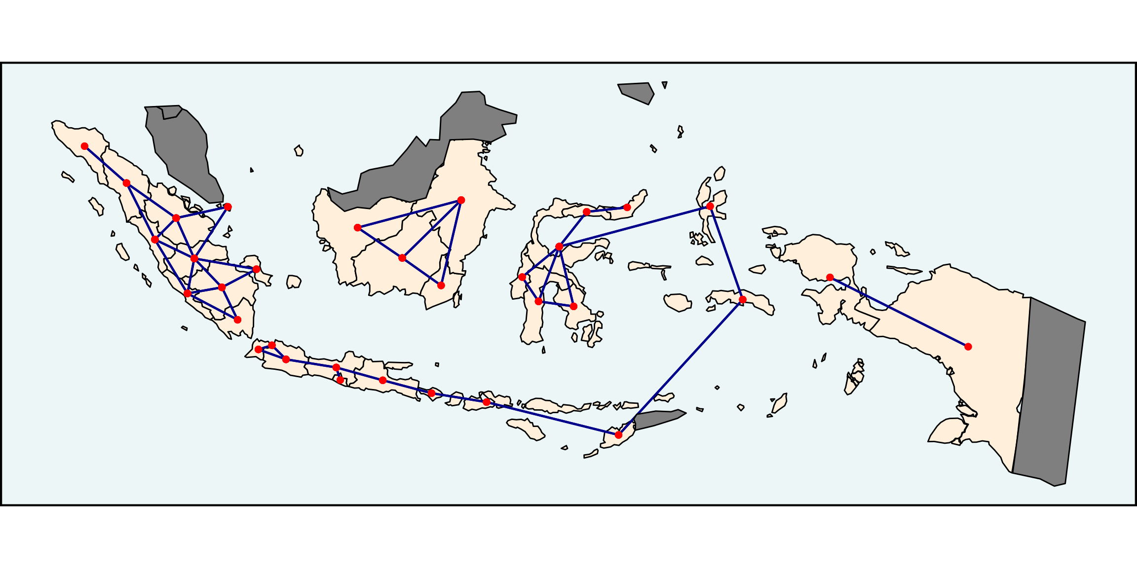 Neighbourhood structure for Indonesian provinces created by st_bridges() with k=2. 