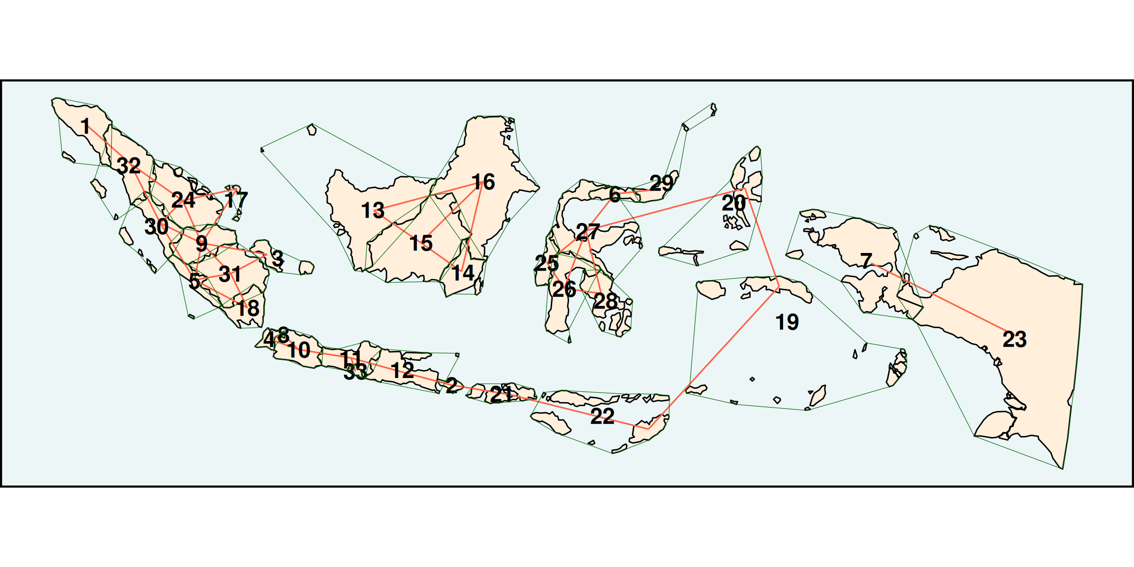 Neighbourhood structure for Indonesian provinces. Viewed with st\_quickmap_nb(), using the arguments nodes = 'numeric' and concavehull = TRUE. 
