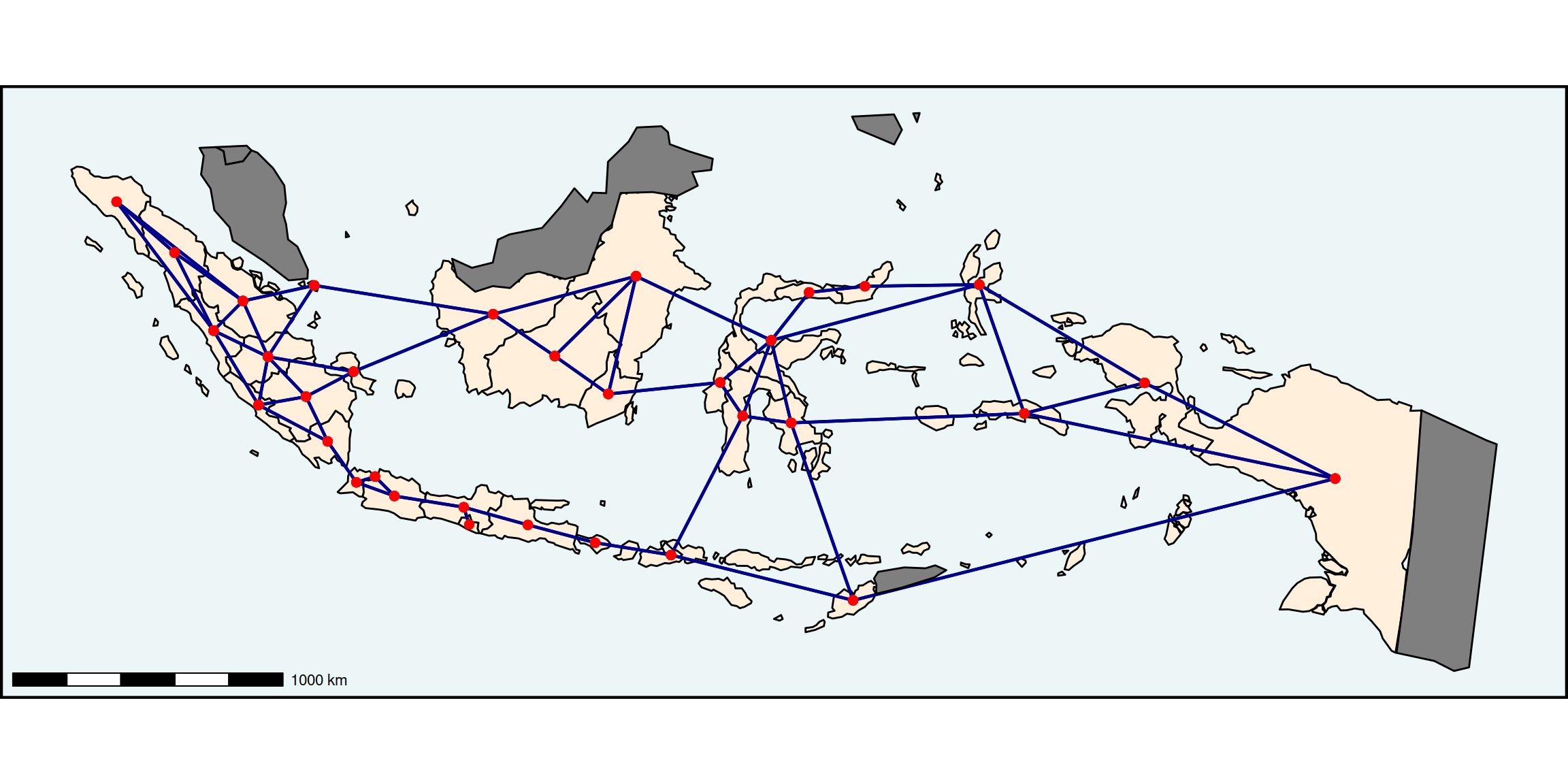 Neighbourhood structure for Indonesian provinces, after alterations using st\_force_join() and st\_force_cut().  As many connections are being enforced at once, we can feed these to the function as a data frame rather than using consecutive function calls as before. 