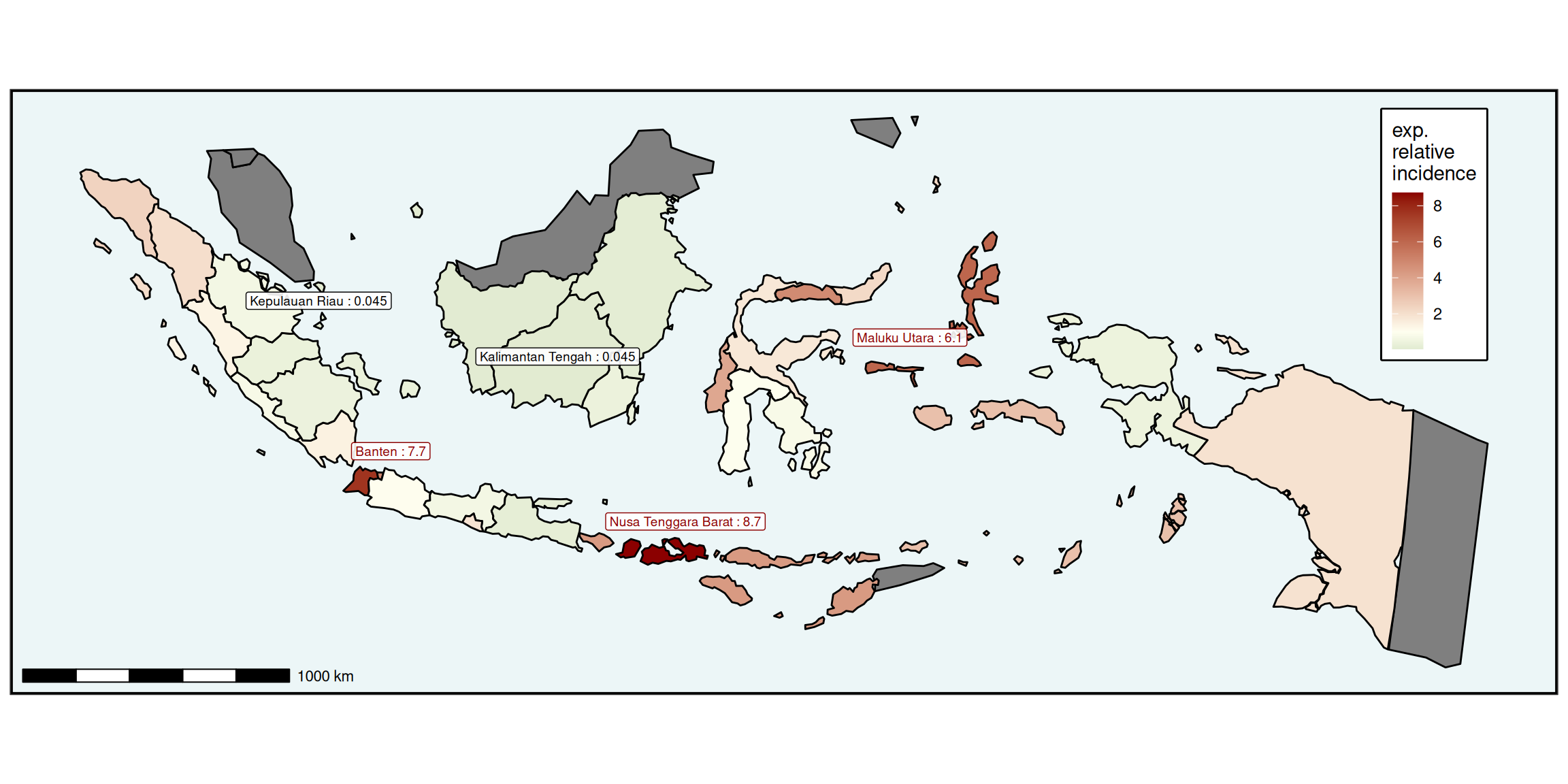Map showing estimates of exp($\gamma_i$). This is produced by adding an additional column to the dataframe produced by st_augment().
