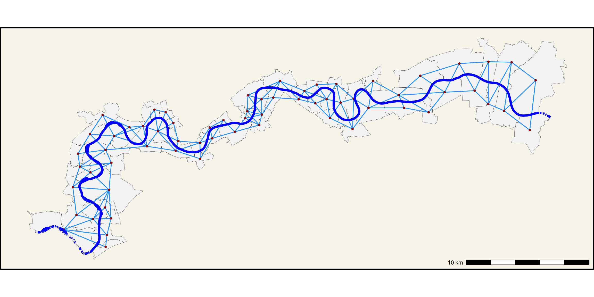 Riverside wards of Greater London. Queen contiguity disregarding river. 