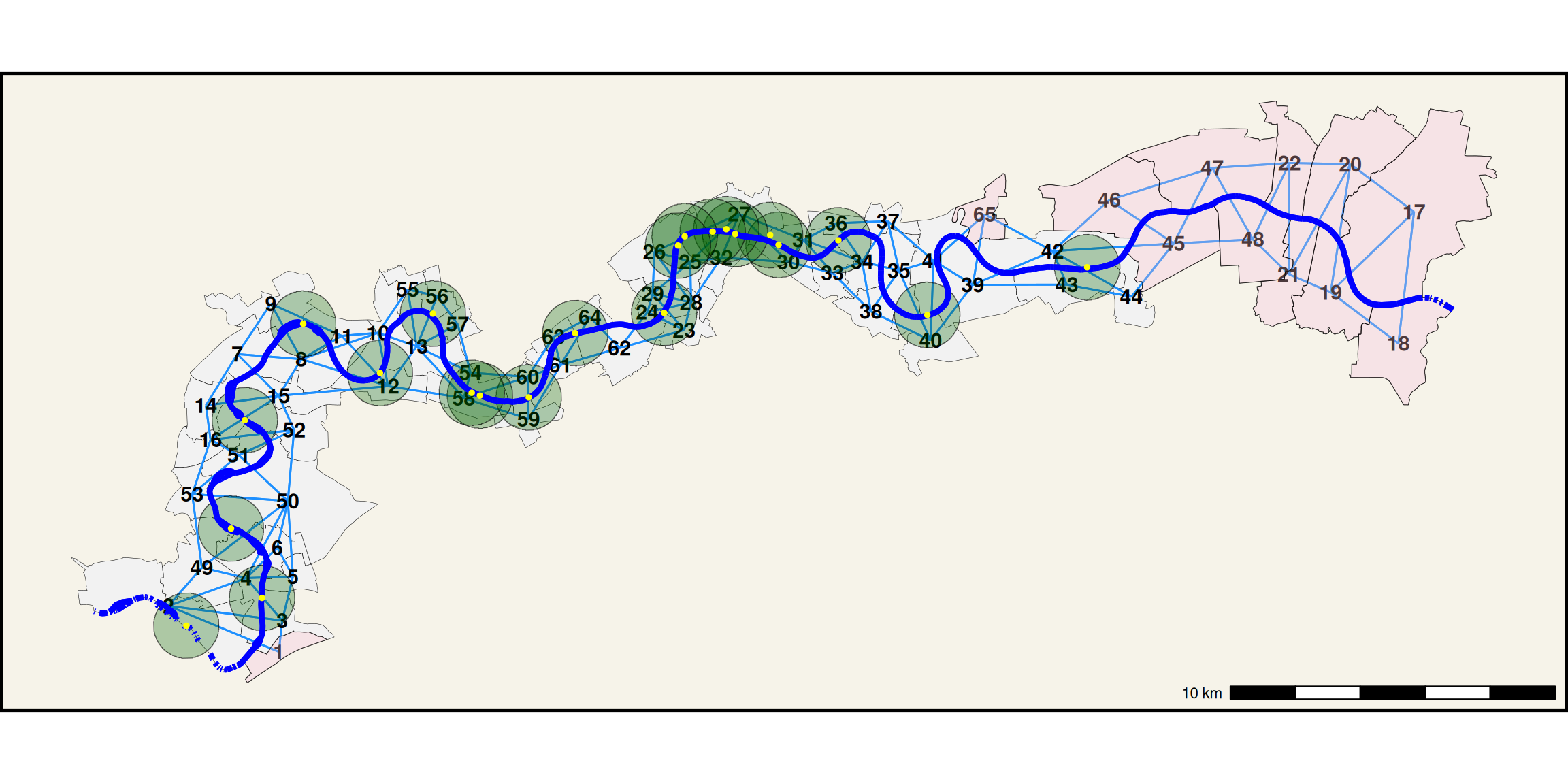 Riverside wards of Greater London. Index number for each ward shown at centroid. Wards which are not within 1 kilometre of a crossing are shaded pink. 