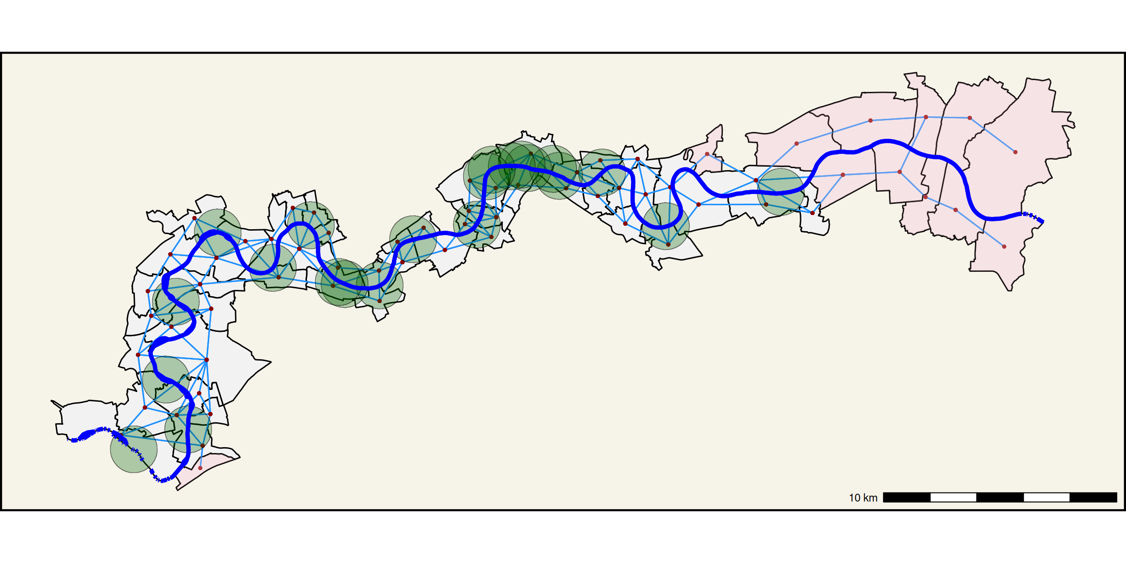 Riverside wards of Greater London. Contiguities across the river have been cut for the pink wards. 