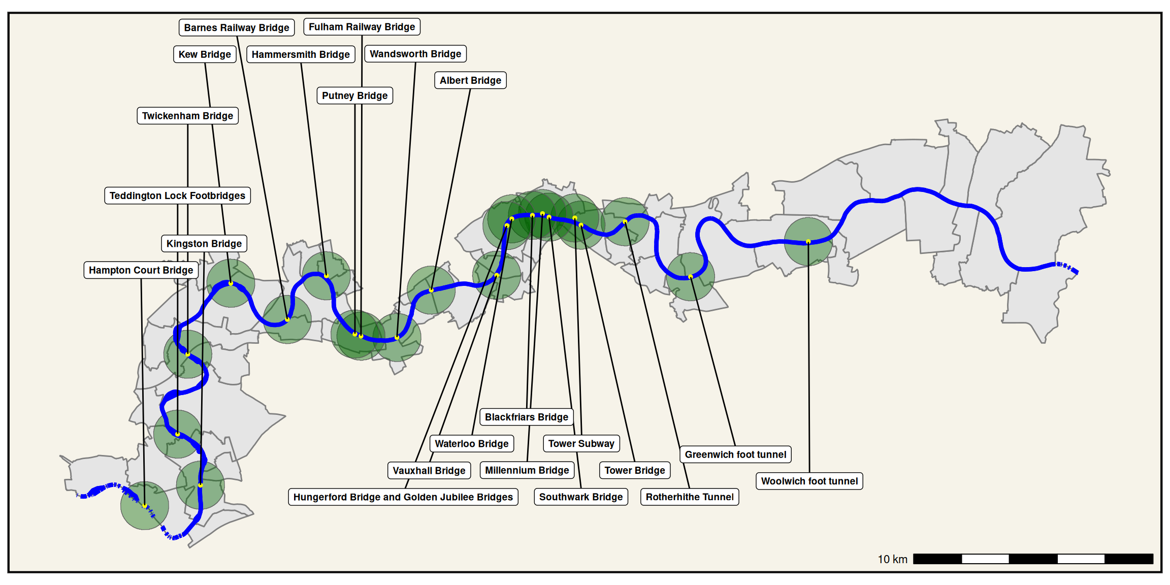 Riverside wards of Greater London. Road and pedestrian crossing and tunnels surrounded by 1 kilometre buffer shaded green. 