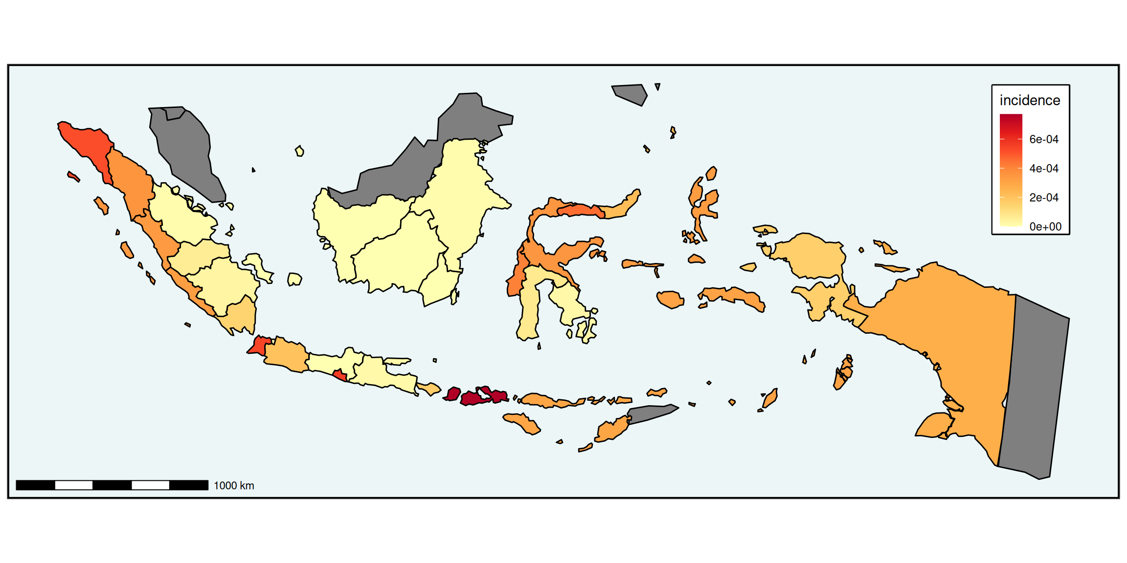 Earthquake incidence in Indonesia, 1985-2023, mag > 5.5: count per square kilometre by province. 