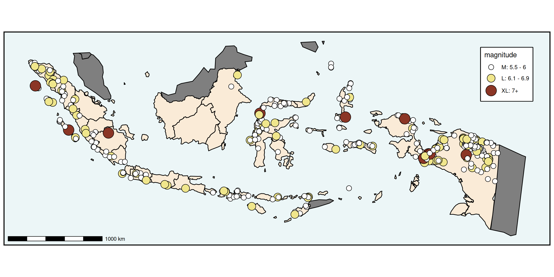 Earthquakes in Indonesia of magnitude > 5.5, 1985-2023. Categorised by magnitude as medium, large or extra-large. 