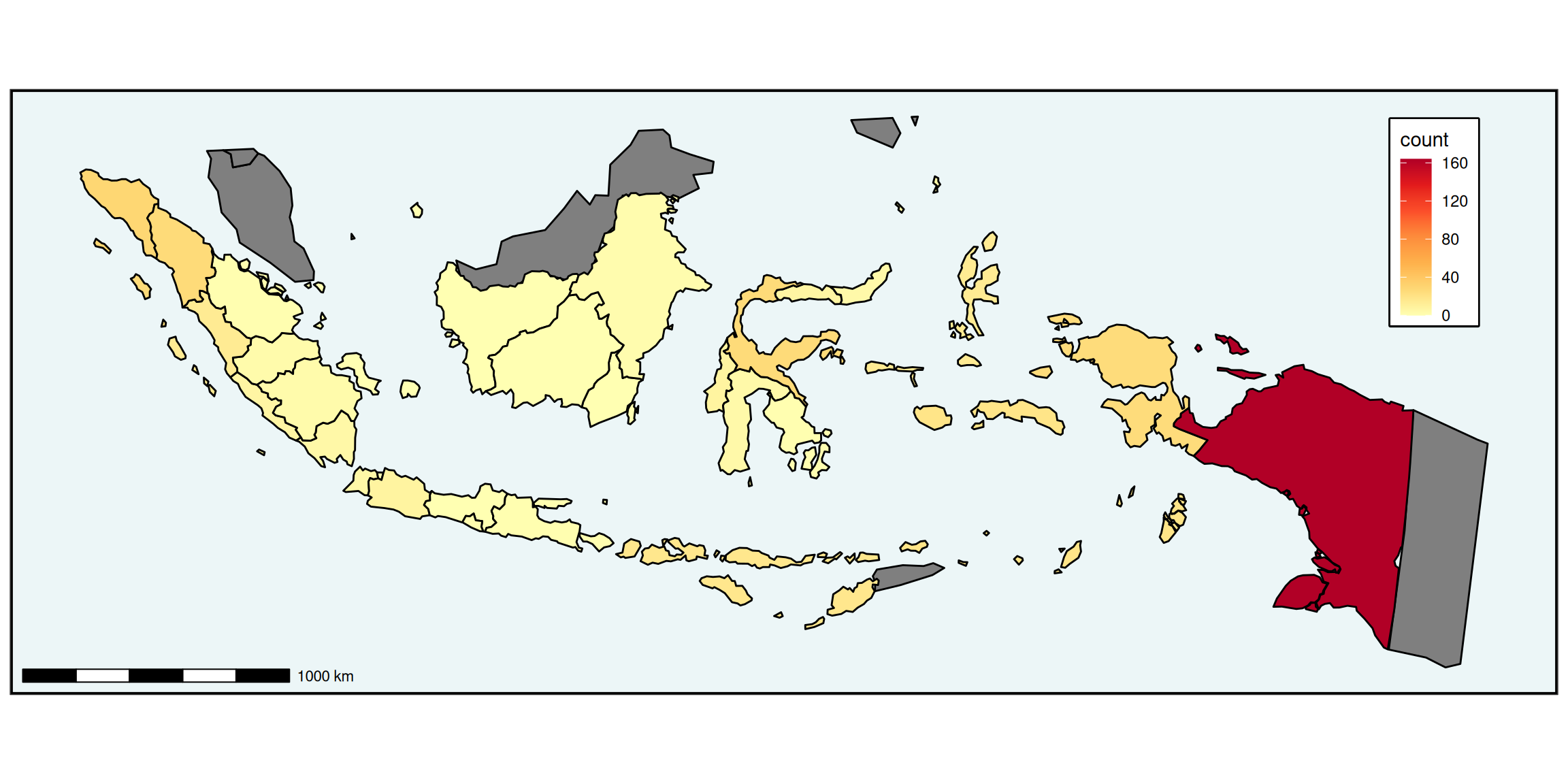 Earthquake count in Indonesia, 1985-2023, mag > 5.5: count by province. 