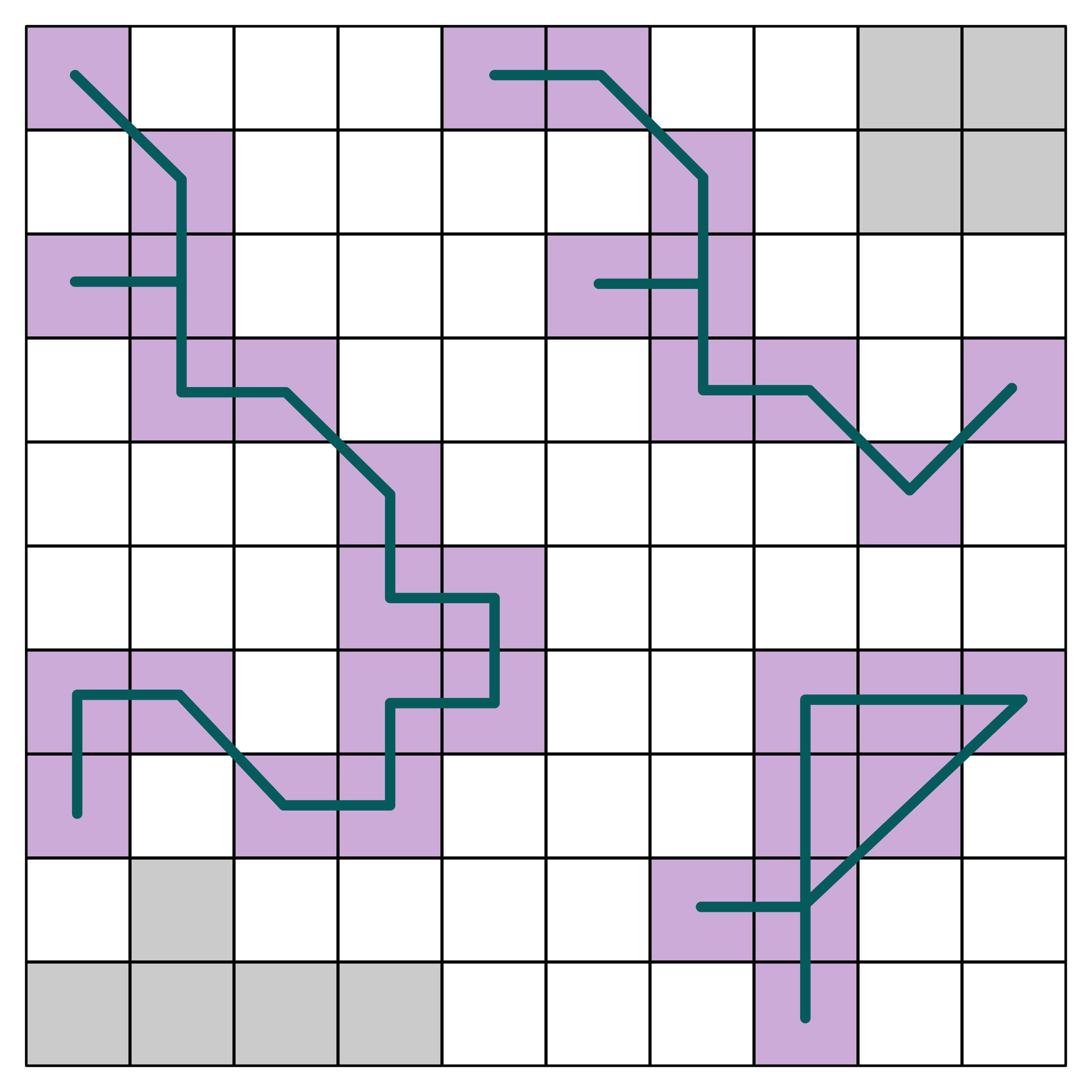 10 by 10 matrix of squares, outlined in black. Most squares are white, with a few light grat squares in the top right and bottom left. There are three sets of purple squares, each making curved lines 1 to 2 squares wide. The sets pf purple squares are internally connected by blue lines.