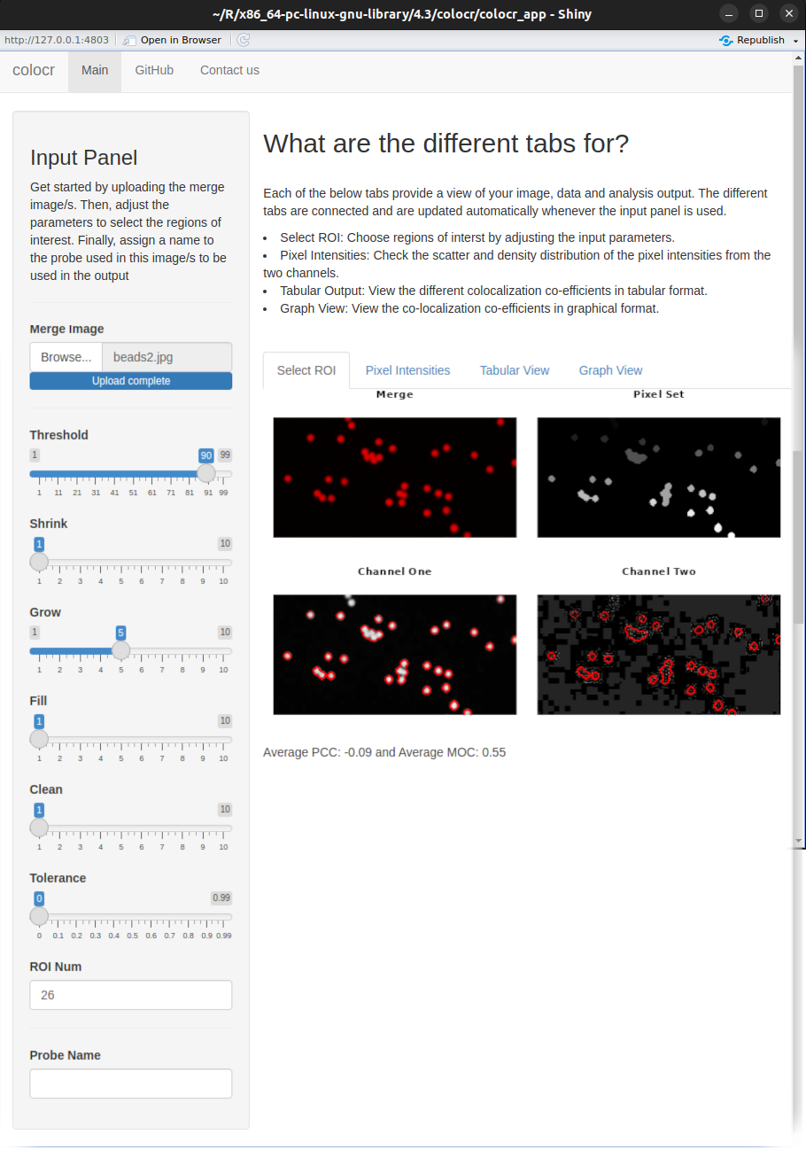 Shiny Application of the colocr Package: The figure depicts an interactive image analysis graphical user interface (GUI), invoked locally from the RStudio integrated development environment (IDE). It comprises multiple sliders for real-time parameter adjustments and supports the selection of multiple distinct regions of interest (ROIs). Users can interactively select ROIs and extract characteristics such as pixel intensity. Furthermore, the tool offers functionalities to compute co-localization, providing comprehensive analysis capabilities. Available at: https://mahshaaban.shinyapps.io/colocr_app2/ or run: colocr::colocr_app().