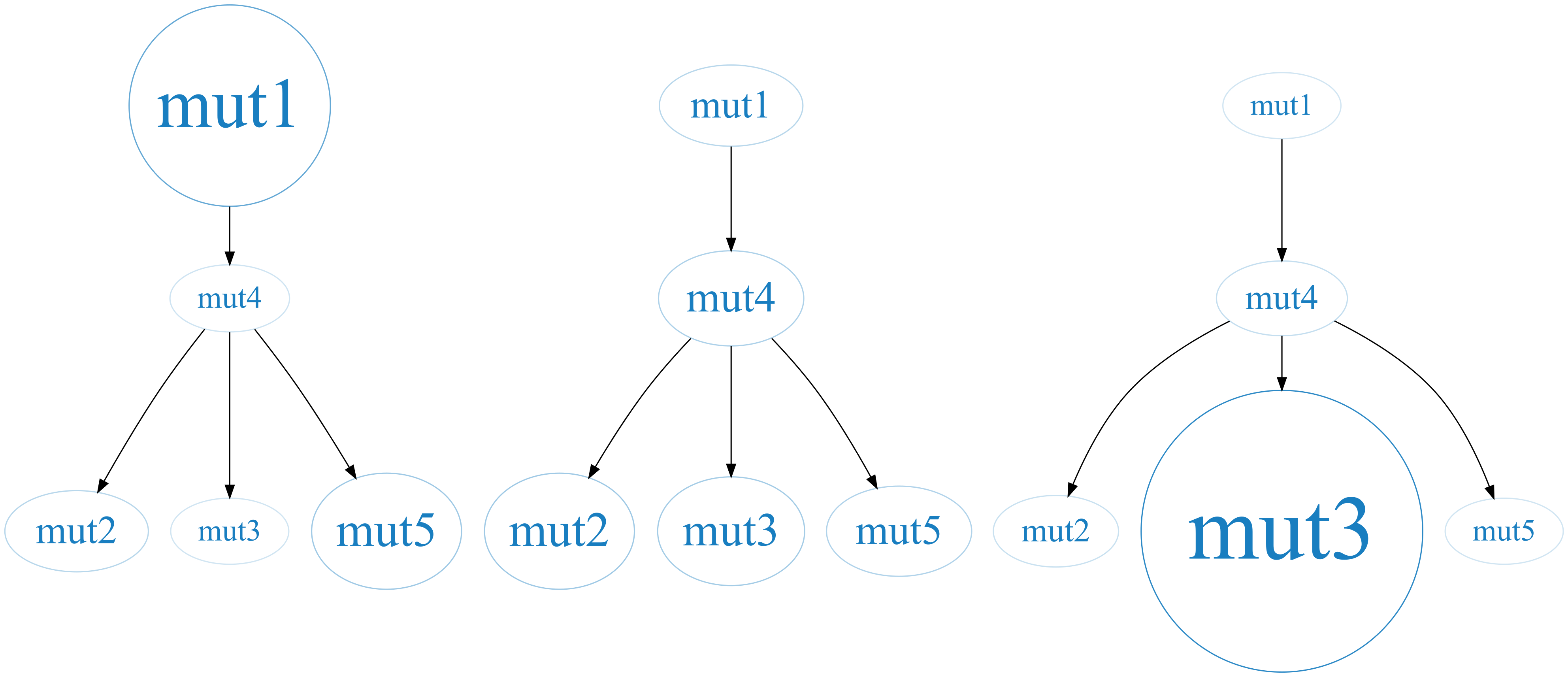 Phylogenetic trees associated to the generated 'Phylotree' class object, using the proportions associated to the previously generated $\boldsymbol{U}$ matrix.